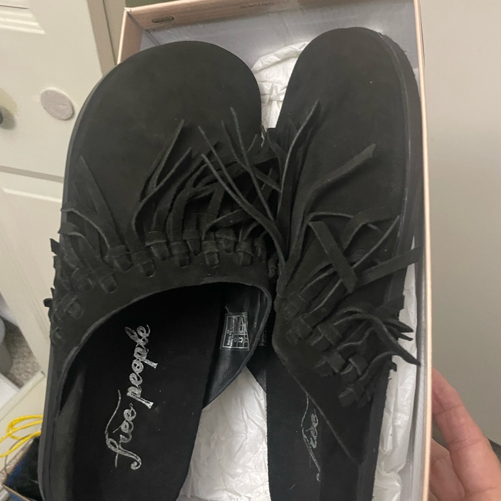 Free People Black Fringe Moccasins